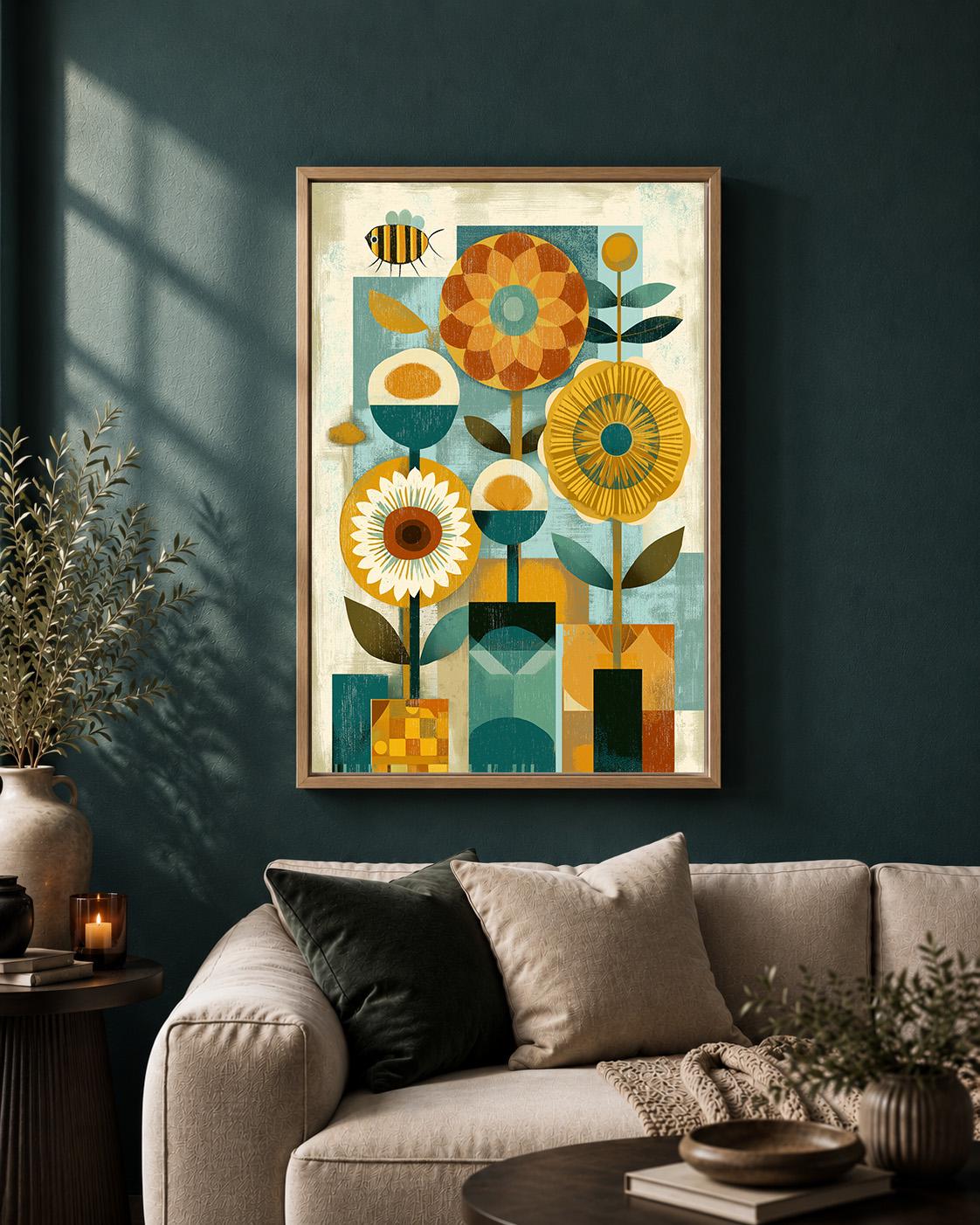 Mid Century Modern Floral Framed Canvas Art, Retro Scandinavian Flower Print, Geometric Botanical Decor by The Wall Art St...