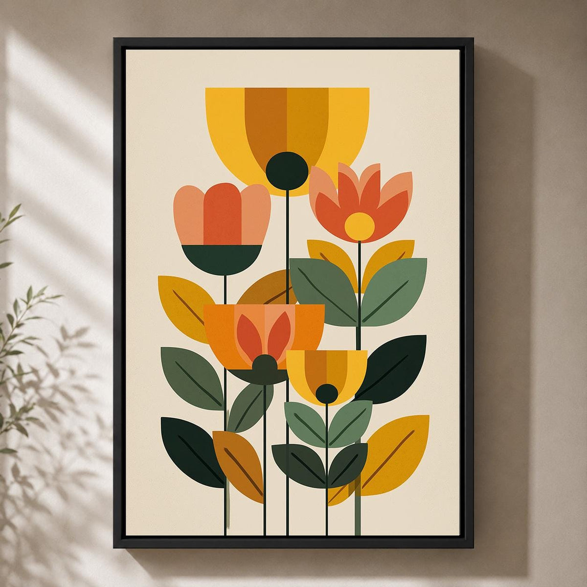 Mid Century Modern Floral Framed Canvas Art, Retro Scandinavian Flower Print, Botanical Decor by The Wall Art Studio - phy...