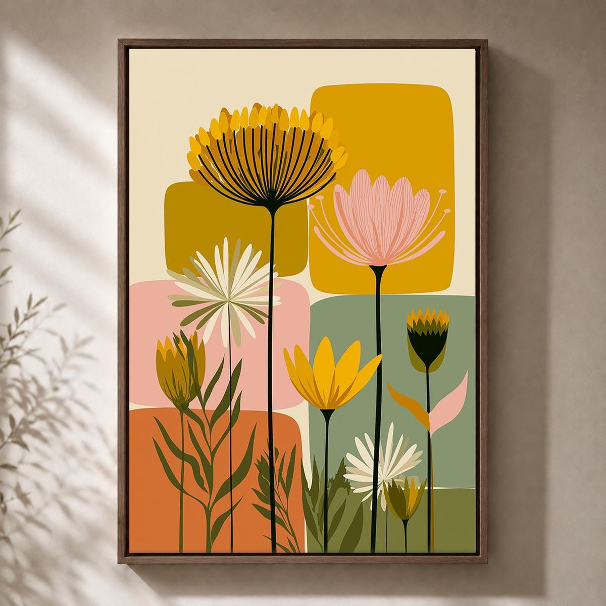 Mid Century Modern Floral Framed Canvas Art, Retro Scandinavian Flower Print, Botanical Decor by The Wall Art Studio - phy...