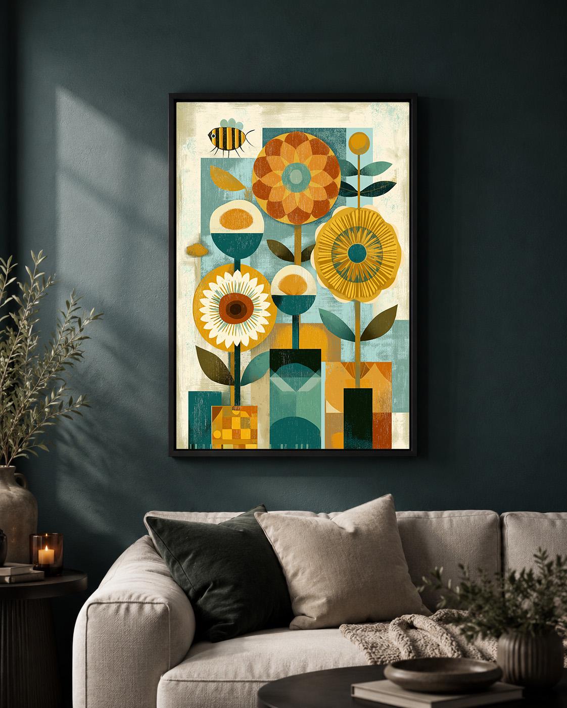 Mid Century Modern Floral Framed Canvas Art, Retro Scandinavian Flower Print, Geometric Botanical Decor by The Wall Art St...