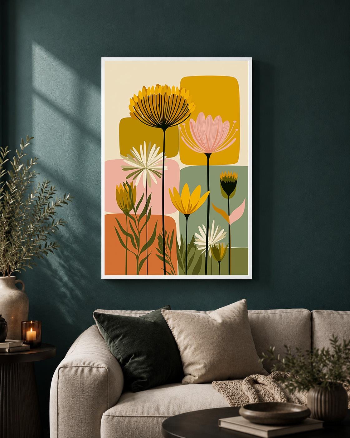 Mid Century Modern Floral Framed Canvas Art, Retro Scandinavian Flower Print, Botanical Decor by The Wall Art Studio - phy...