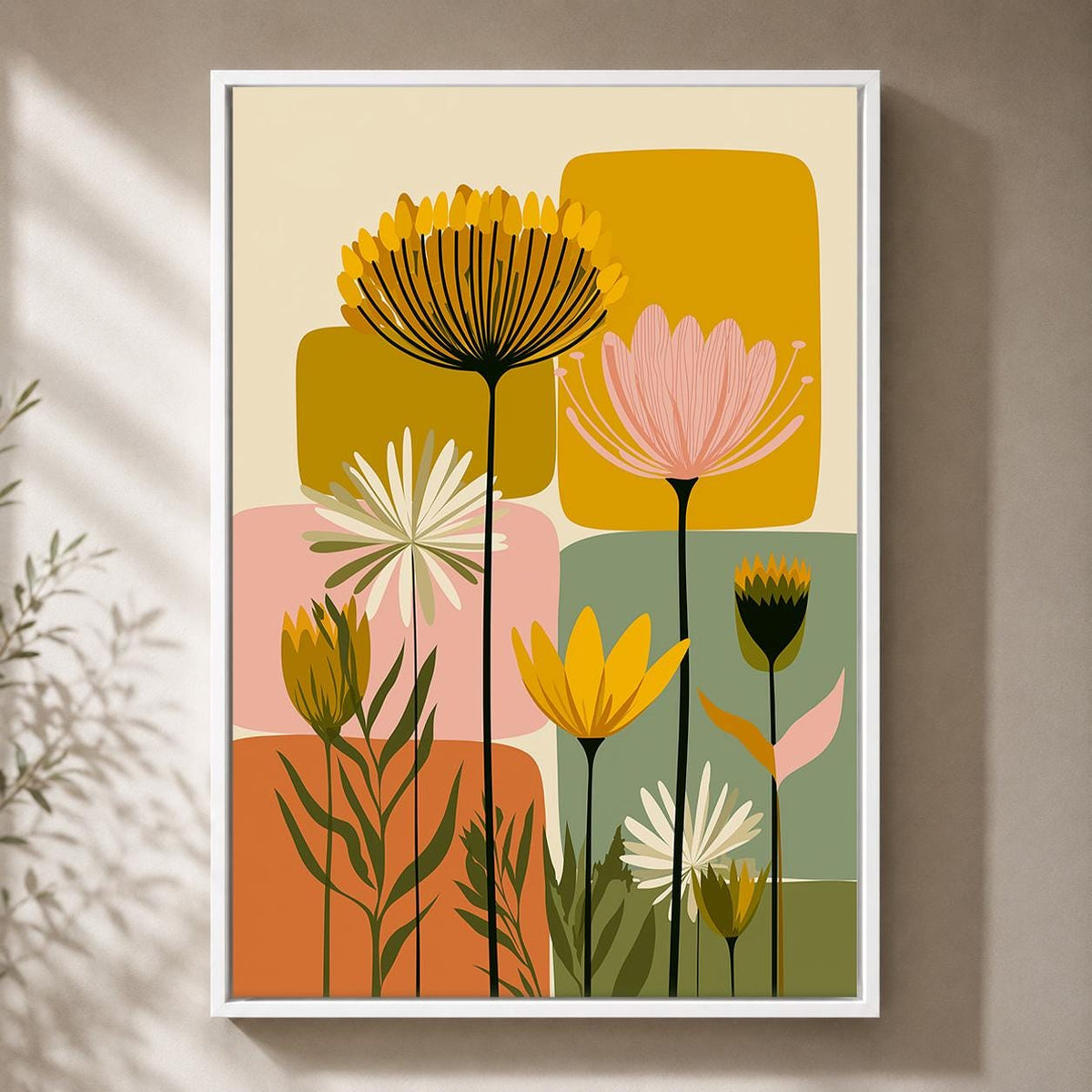 Mid Century Modern Floral Framed Canvas Art, Retro Scandinavian Flower Print, Botanical Decor by The Wall Art Studio - phy...
