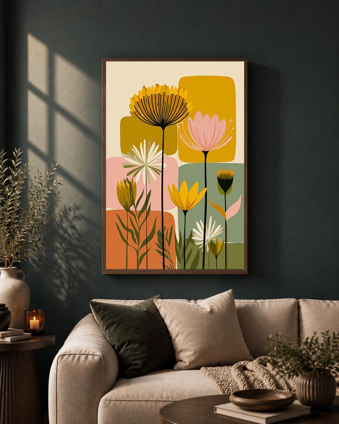 Mid Century Modern Floral Framed Canvas Art, Retro Scandinavian Flower Print, Botanical Decor by The Wall Art Studio - phy...