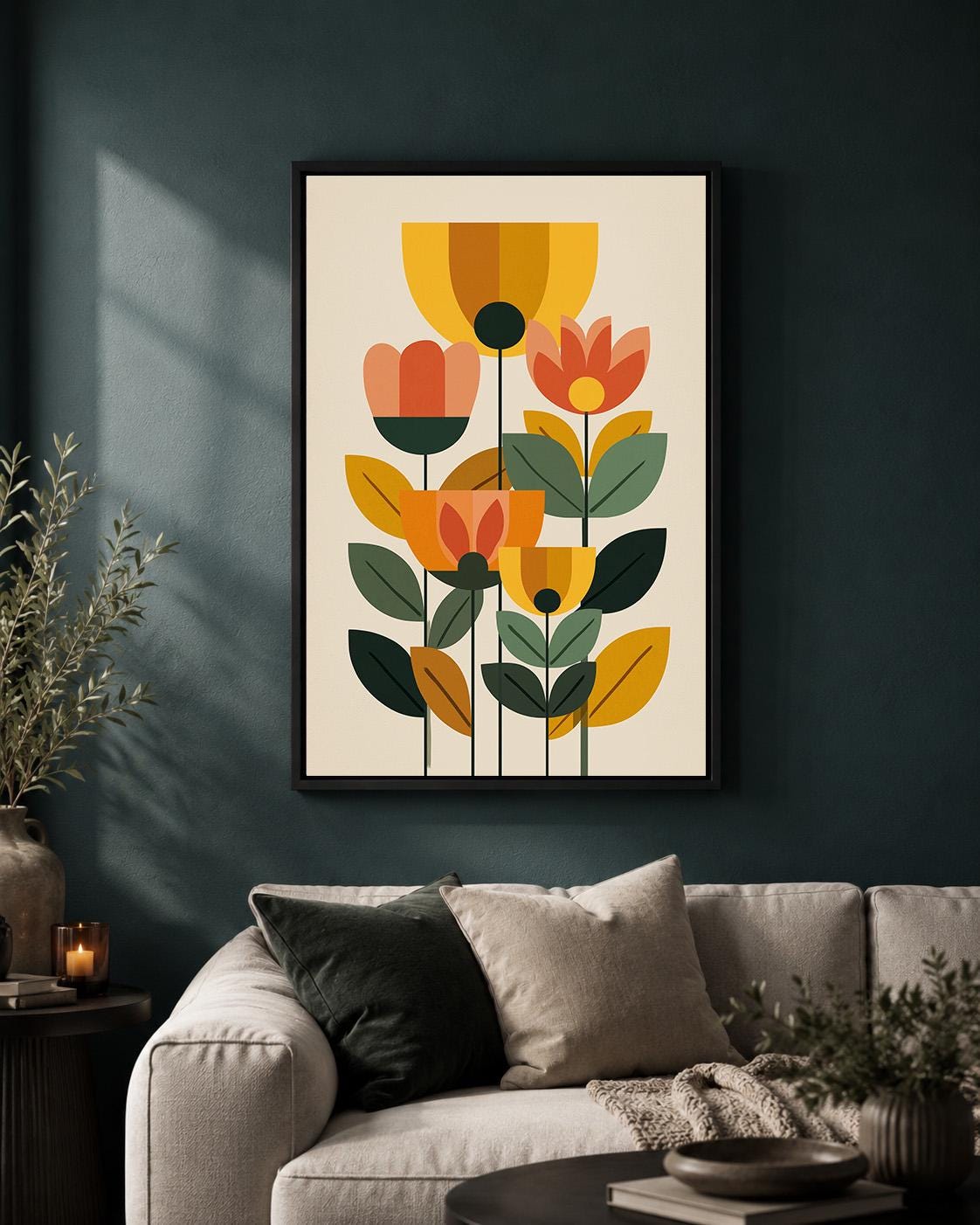 Mid Century Modern Floral Framed Canvas Art, Retro Scandinavian Flower Print, Botanical Decor by The Wall Art Studio - phy...