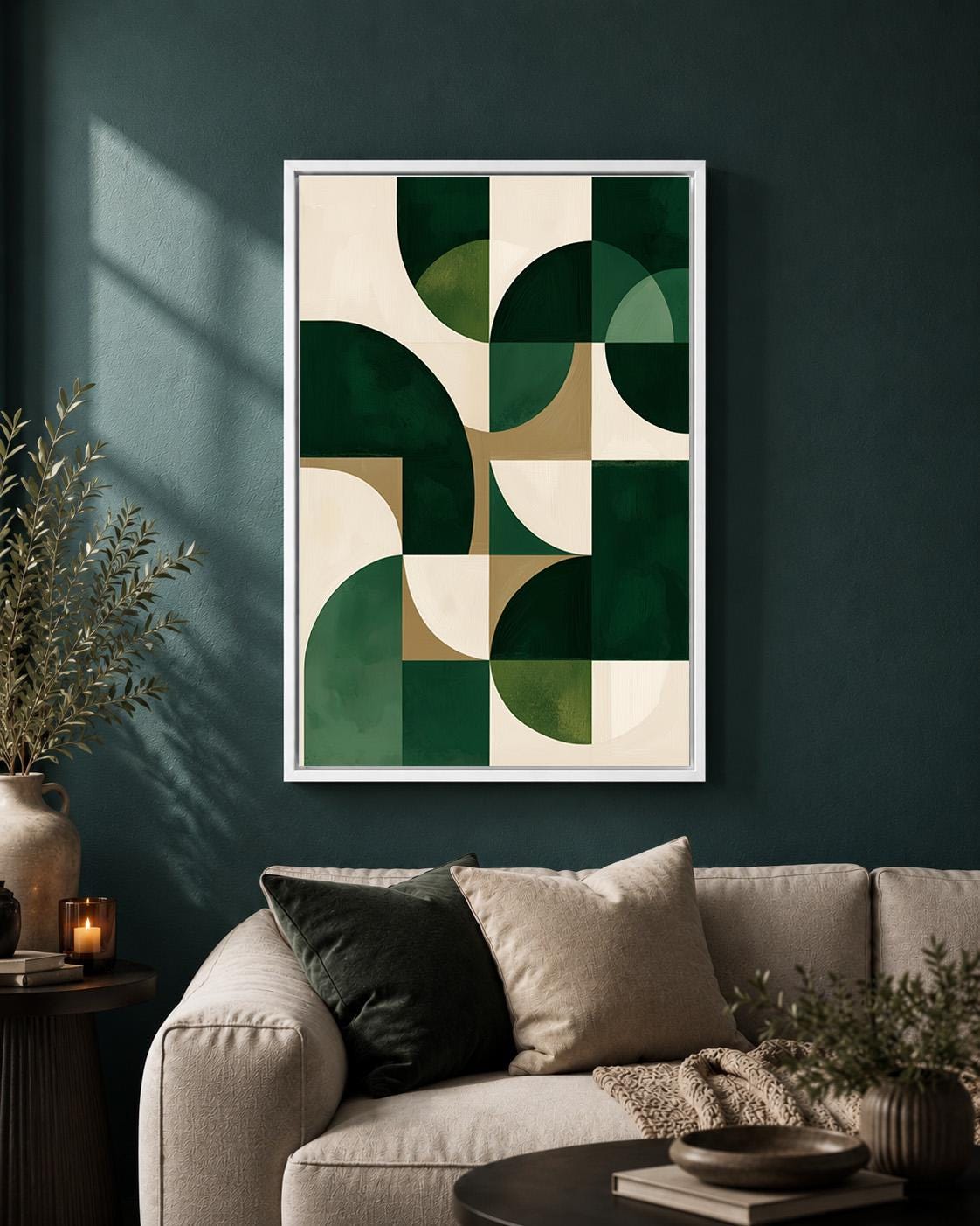Mid Century Modern Geometric Framed Canvas Art, Abstract Green Wall Decor, Living Room Framed Print by The Wall Art Studio...