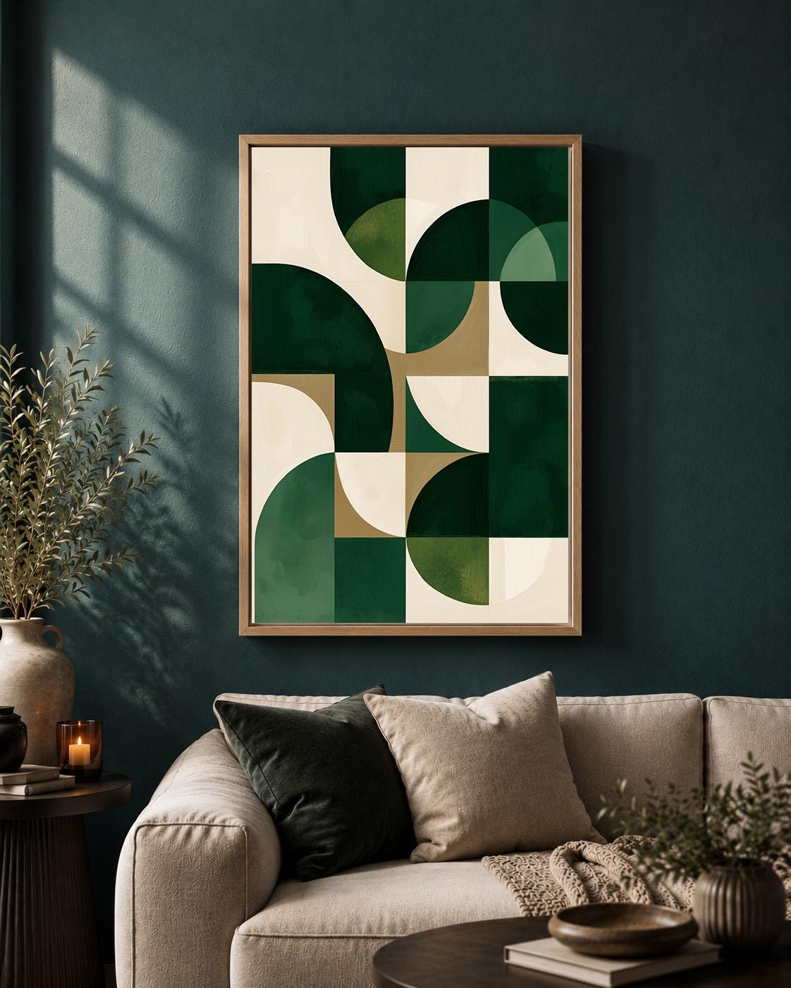 Mid Century Modern Geometric Framed Canvas Art, Abstract Green Wall Decor, Living Room Framed Print by The Wall Art Studio...