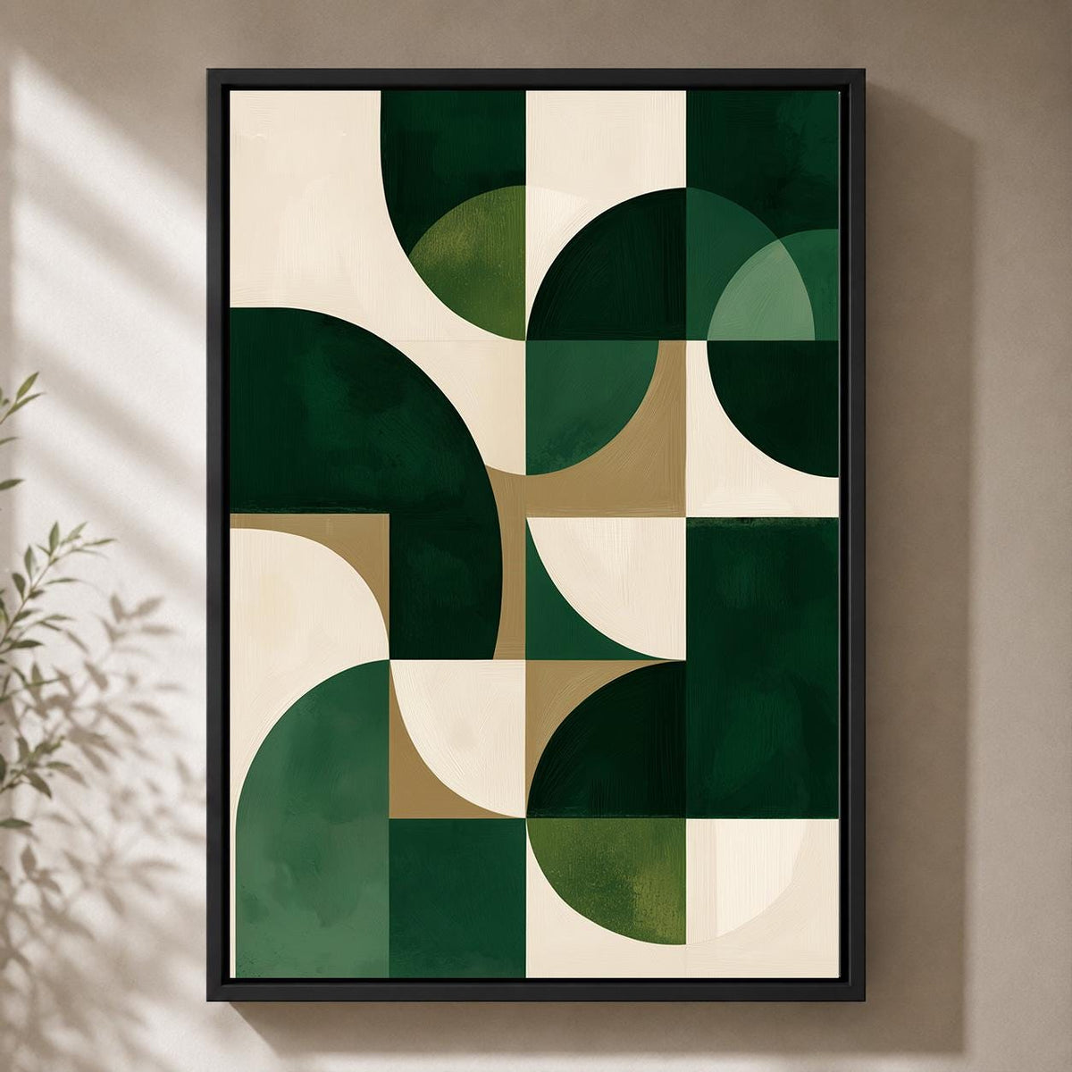 Mid Century Modern Geometric Framed Canvas Art, Abstract Green Wall Decor, Living Room Framed Print by The Wall Art Studio...