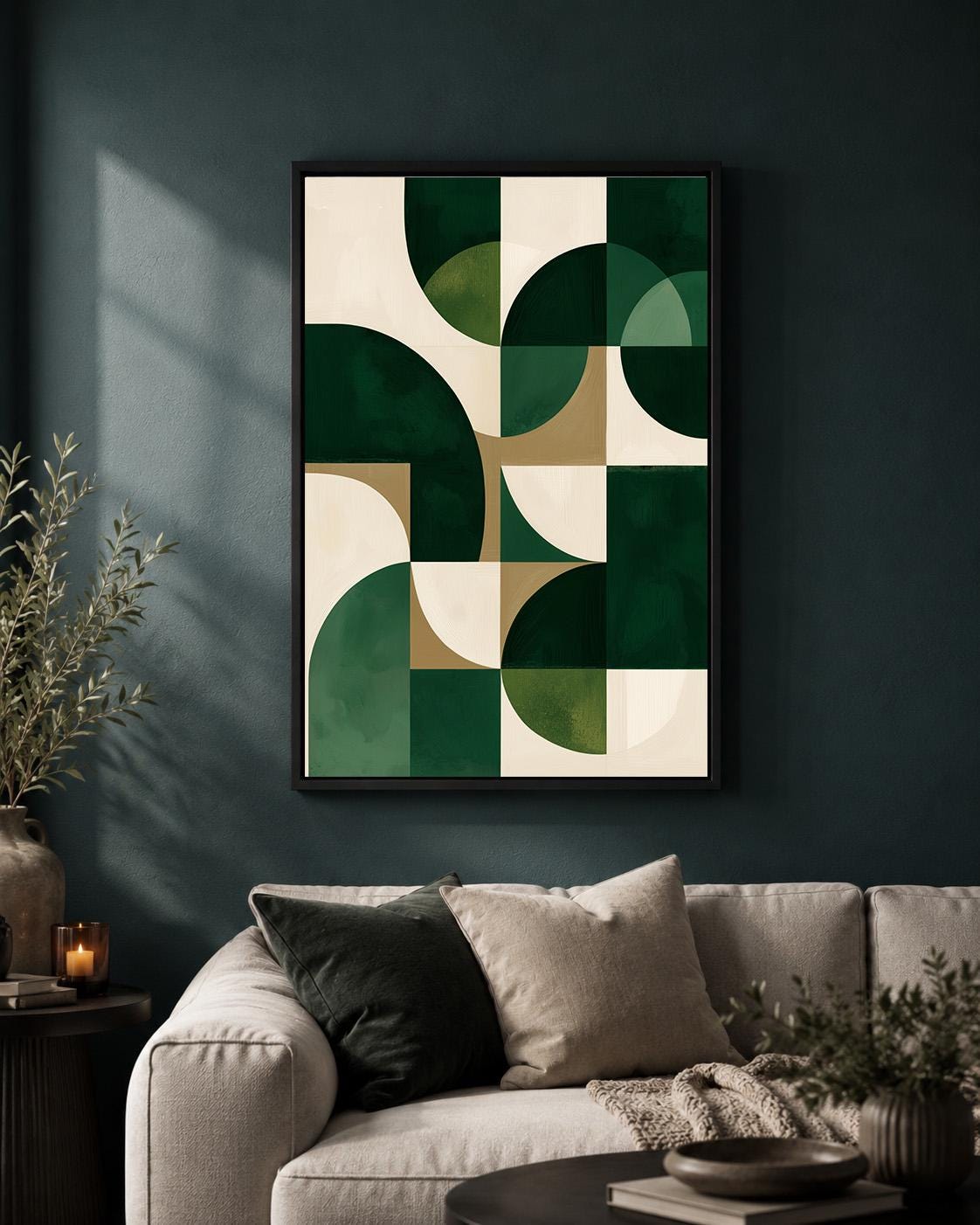 Mid Century Modern Geometric Framed Canvas Art, Abstract Green Wall Decor, Living Room Framed Print by The Wall Art Studio...
