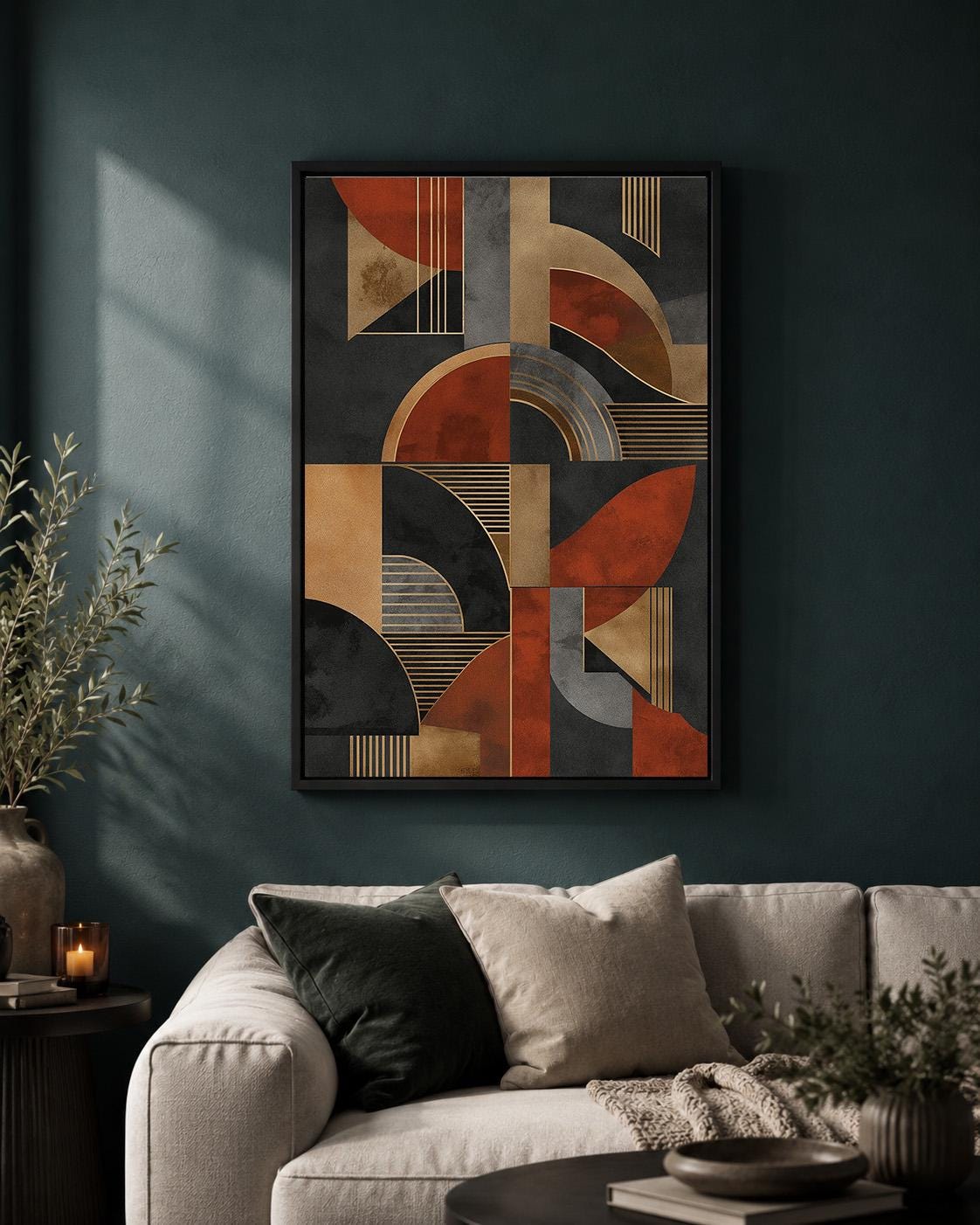 Mid Century Modern Geometric Framed Canvas Art, Abstract Retro Boho Wall Decor by The Wall Art Studio - physical