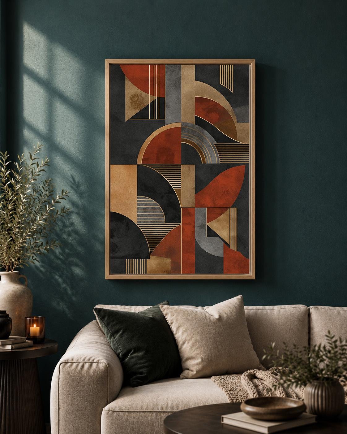 Mid Century Modern Geometric Framed Canvas Art, Abstract Retro Boho Wall Decor by The Wall Art Studio - physical