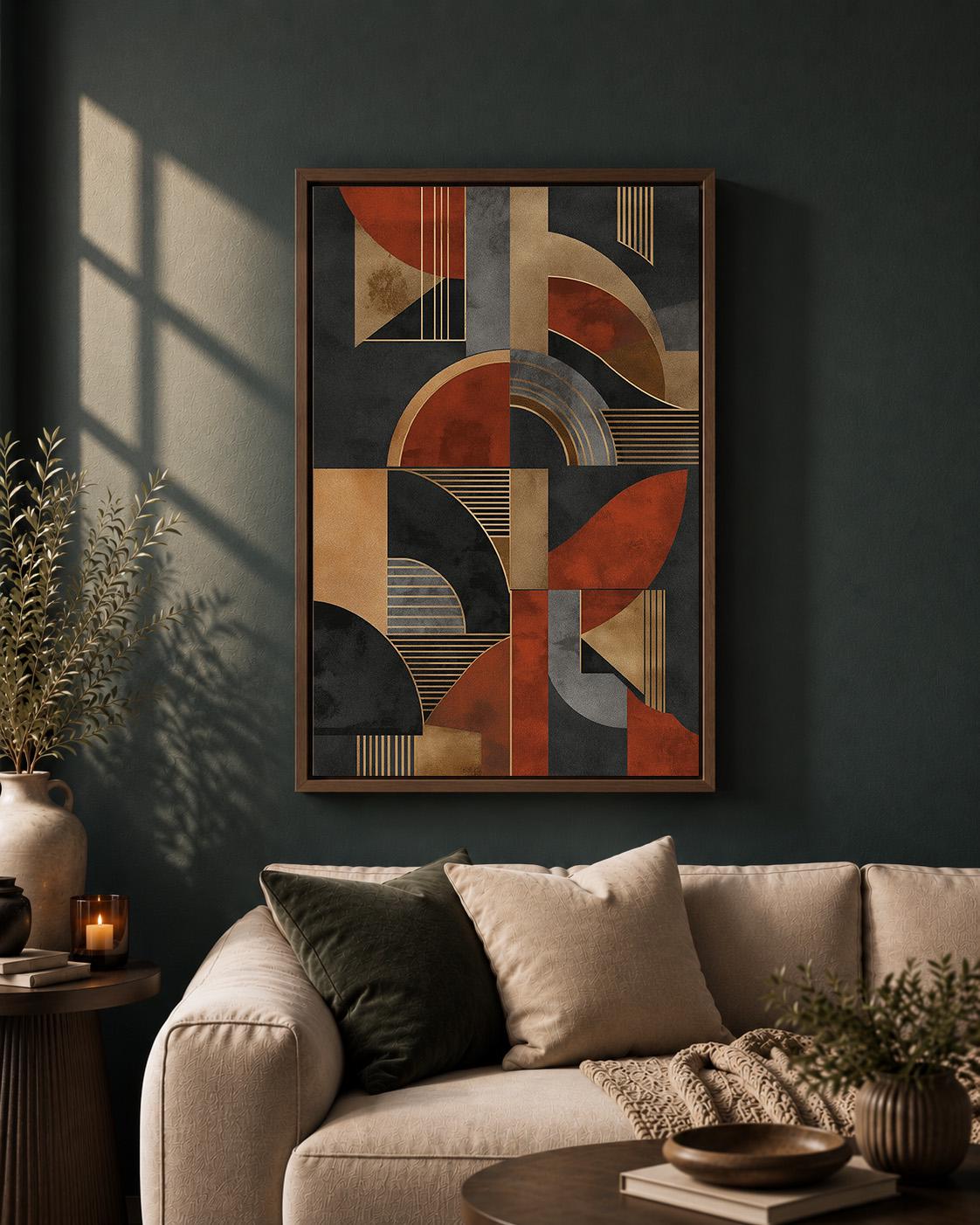 Mid Century Modern Geometric Framed Canvas Art, Abstract Retro Boho Wall Decor by The Wall Art Studio - physical