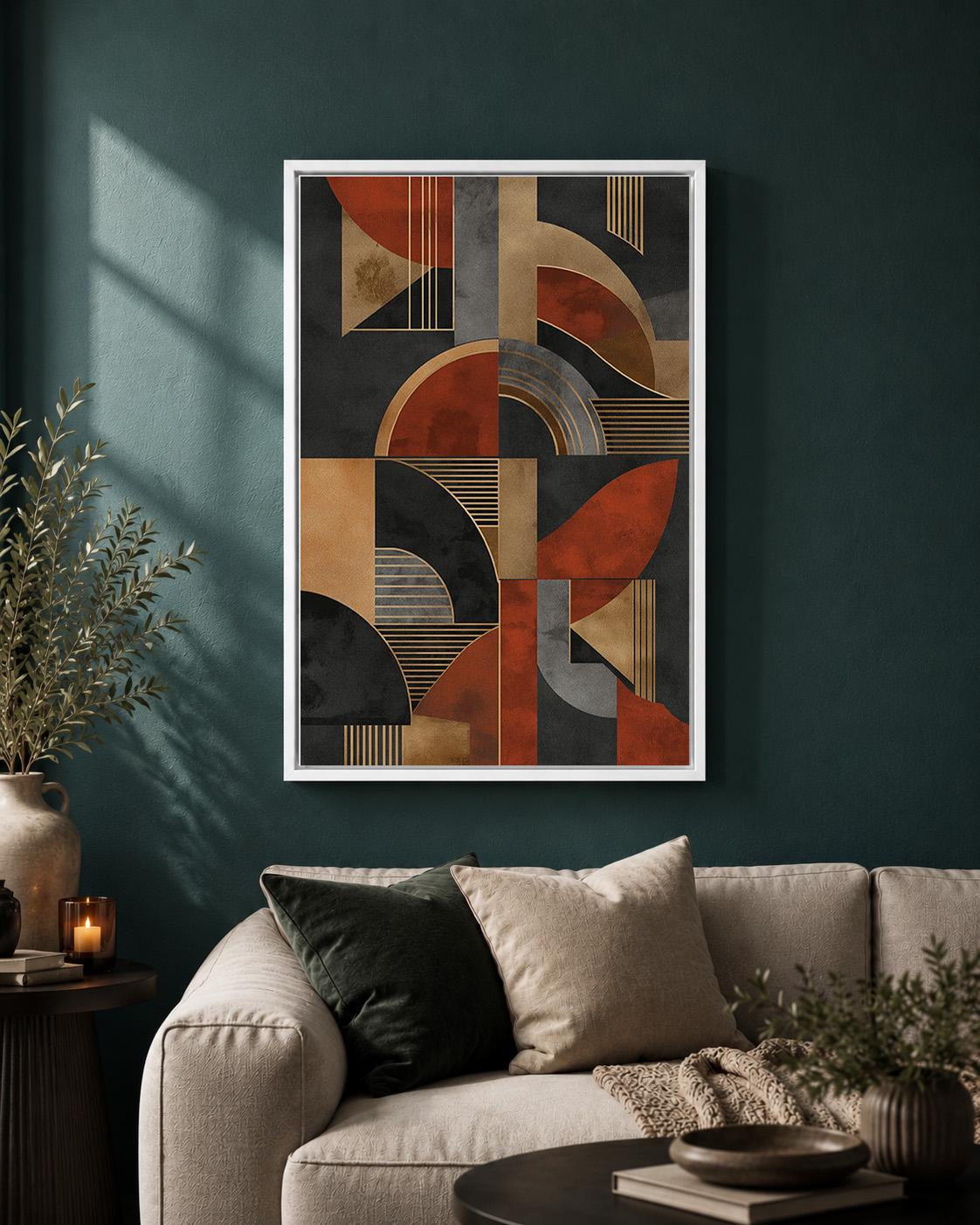 Mid Century Modern Geometric Framed Canvas Art, Abstract Retro Boho Wall Decor by The Wall Art Studio - physical
