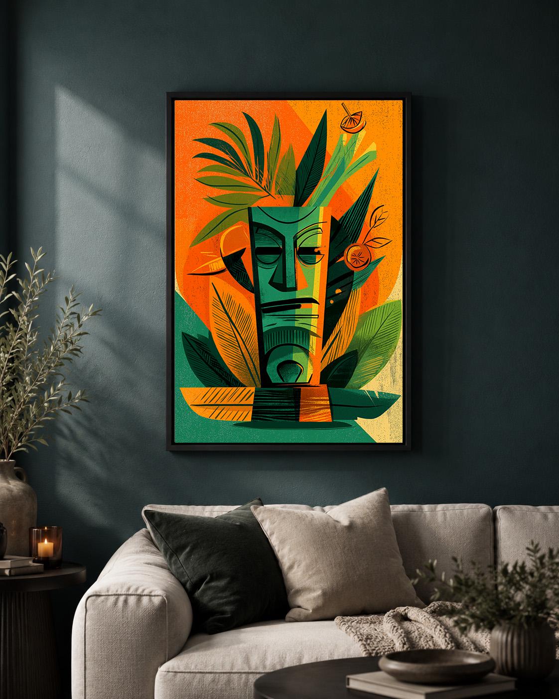 Mid Century Tiki Mask Framed Canvas Art, Retro Tropical Cocktail Lounge Print by The Wall Art Studio - physical
