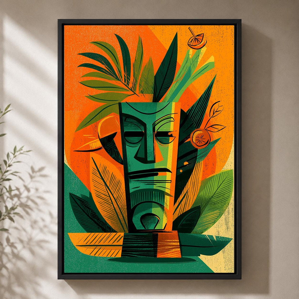 Mid Century Tiki Mask Framed Canvas Art, Retro Tropical Cocktail Lounge Print by The Wall Art Studio - physical