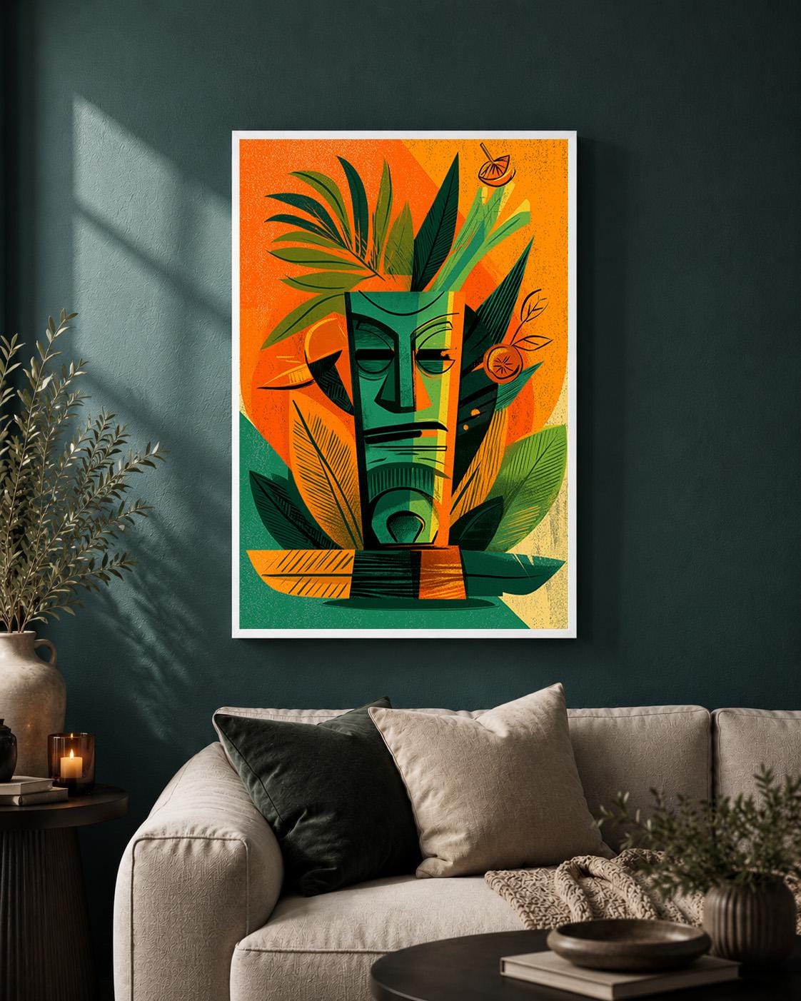 Mid Century Tiki Mask Framed Canvas Art, Retro Tropical Cocktail Lounge Print by The Wall Art Studio - physical