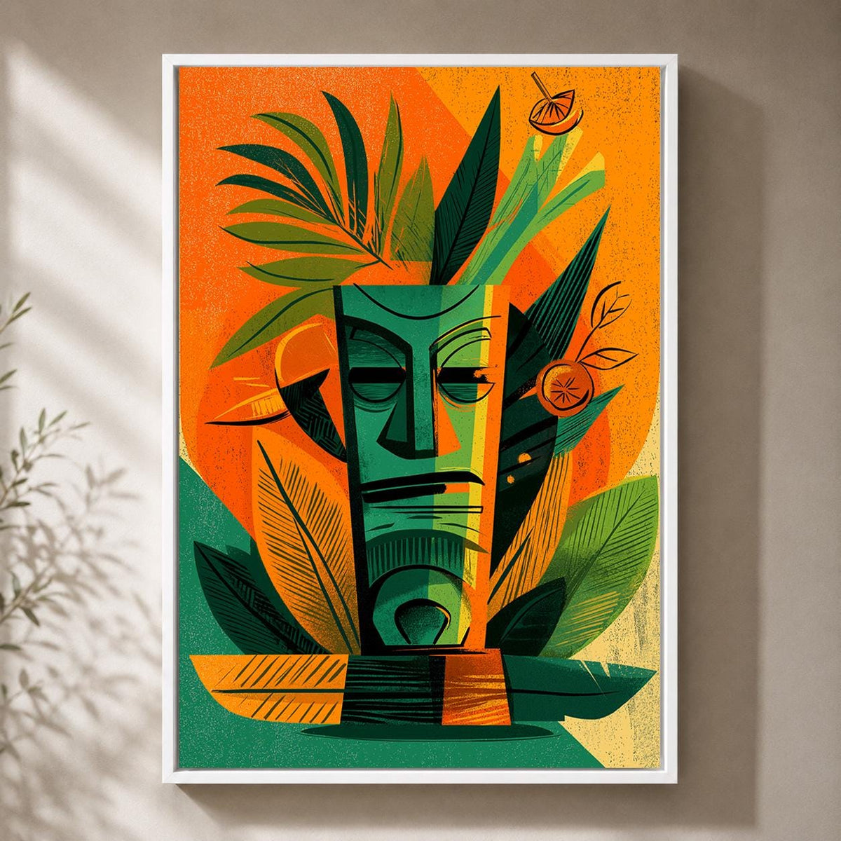 Mid Century Tiki Mask Framed Canvas Art, Retro Tropical Cocktail Lounge Print by The Wall Art Studio - physical