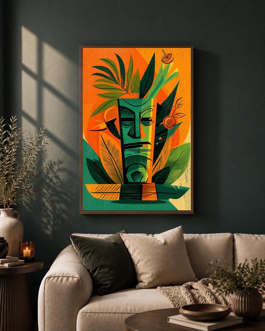 Mid Century Tiki Mask Framed Canvas Art, Retro Tropical Cocktail Lounge Print by The Wall Art Studio - physical