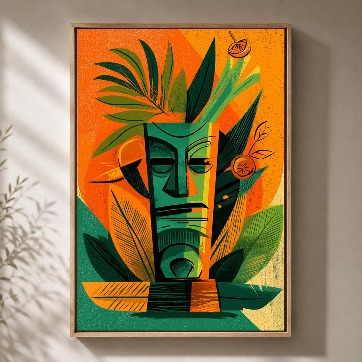 Mid Century Tiki Mask Framed Canvas Art, Retro Tropical Cocktail Lounge Print by The Wall Art Studio - physical