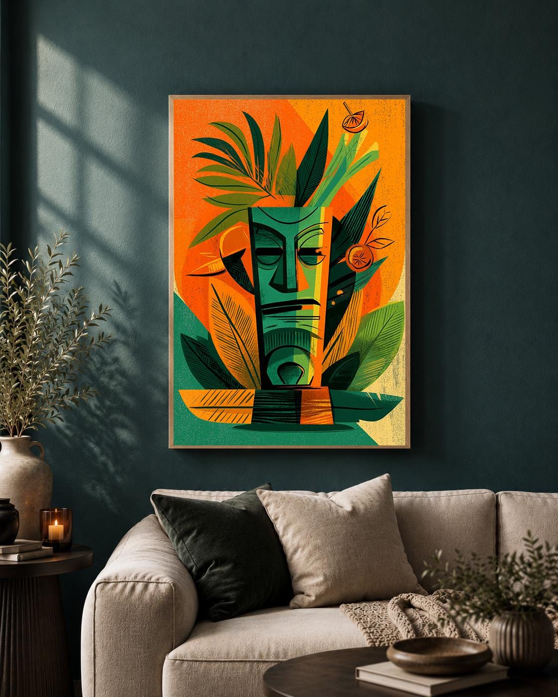 Mid Century Tiki Mask Framed Canvas Art, Retro Tropical Cocktail Lounge Print by The Wall Art Studio - physical