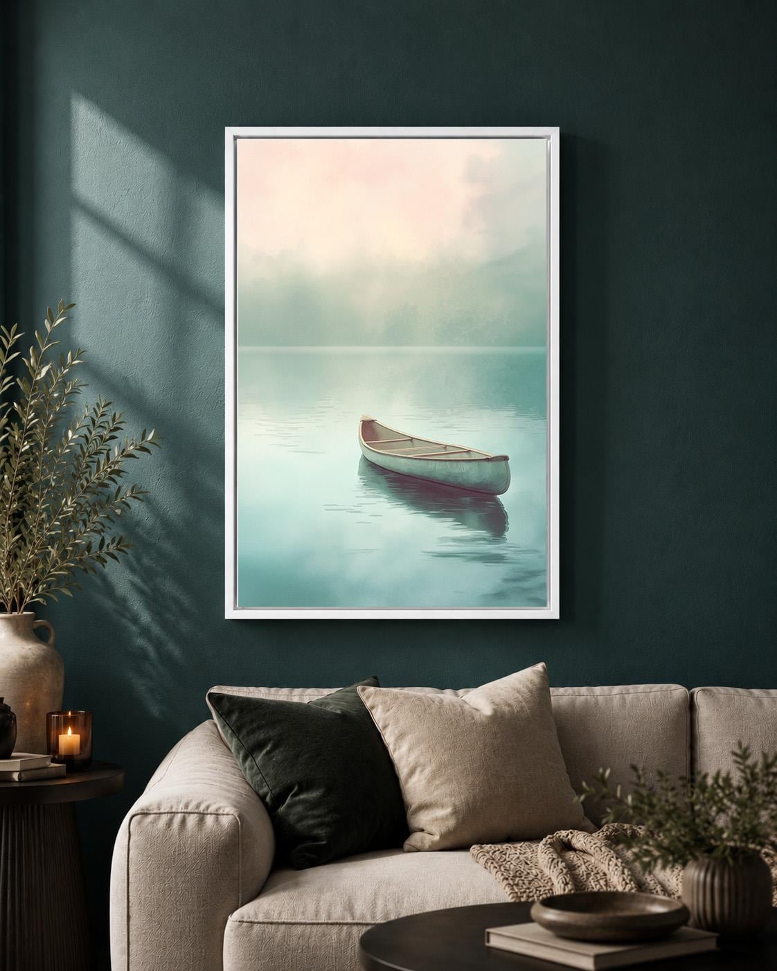Minimalist Canoe Framed Canvas Art, Misty Lake Landscape, Neutral Coastal Decor by The Wall Art Studio - physical