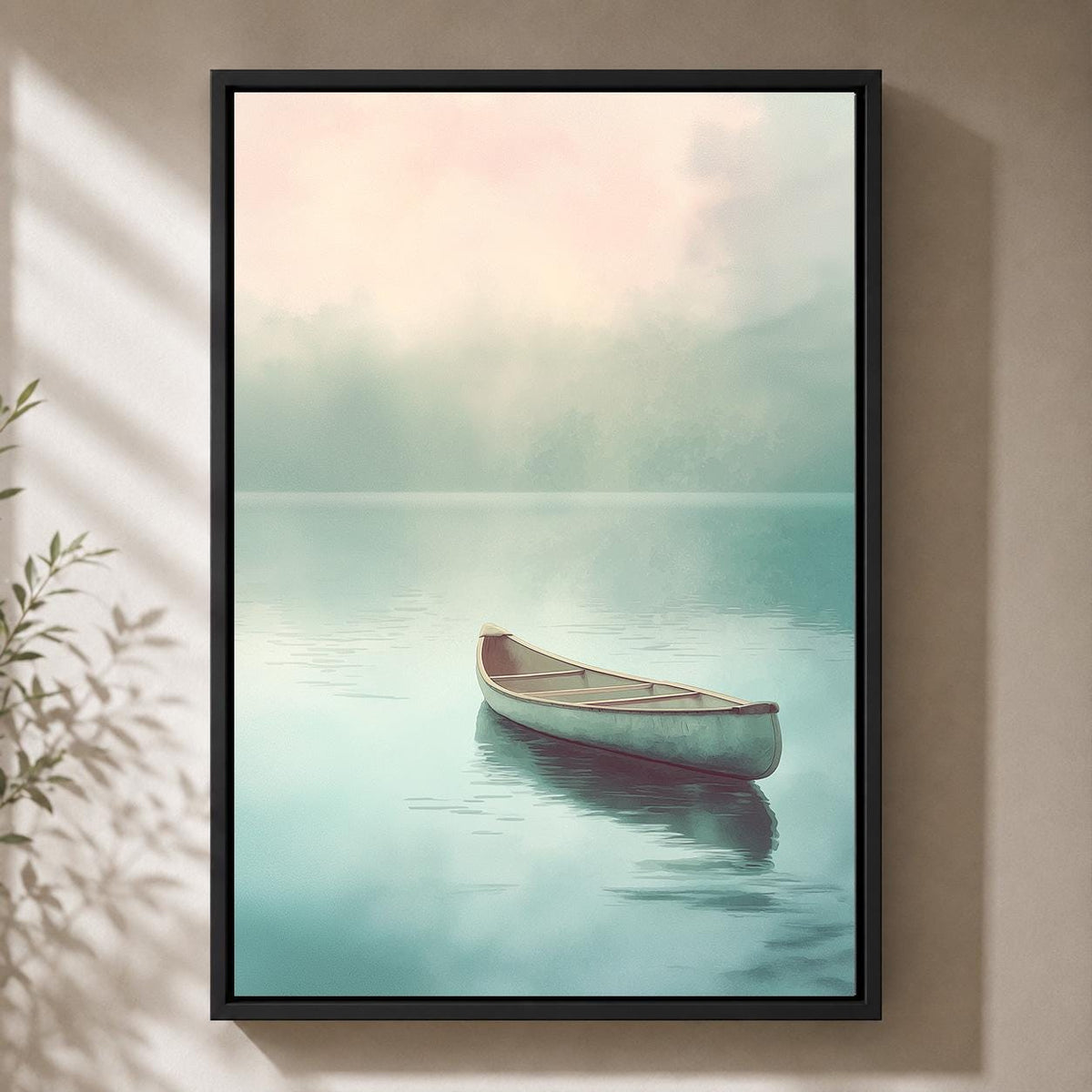 Minimalist Canoe Framed Canvas Art, Misty Lake Landscape, Neutral Coastal Decor by The Wall Art Studio - physical