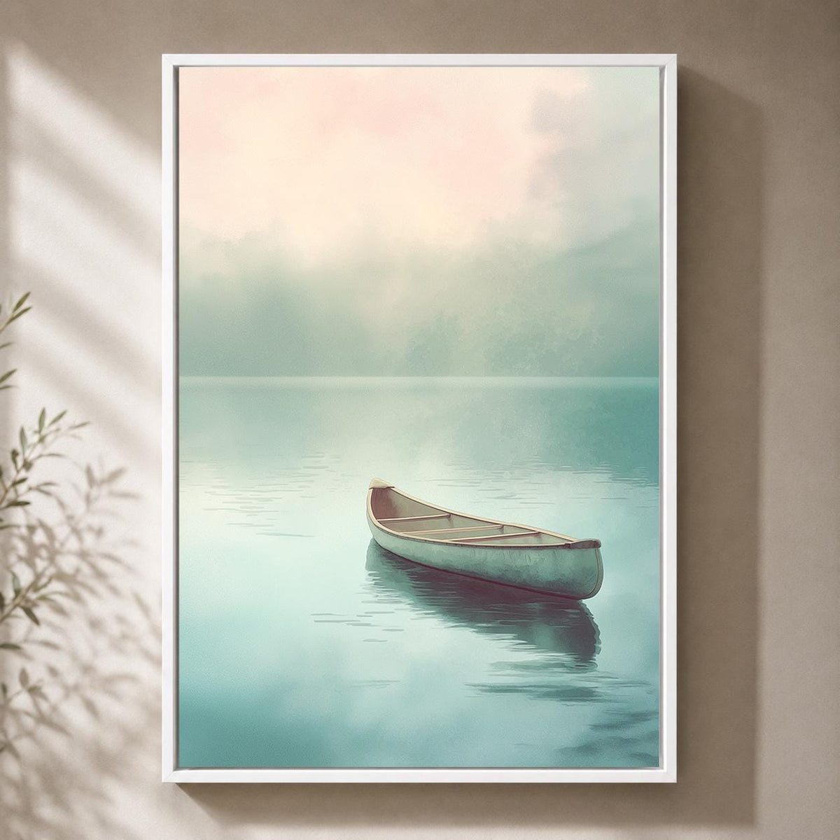 Minimalist Canoe Framed Canvas Art, Misty Lake Landscape, Neutral Coastal Decor by The Wall Art Studio - physical