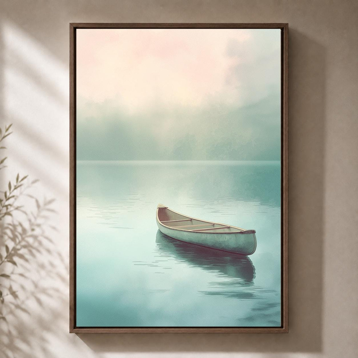 Minimalist Canoe Framed Canvas Art, Misty Lake Landscape, Neutral Coastal Decor by The Wall Art Studio - physical