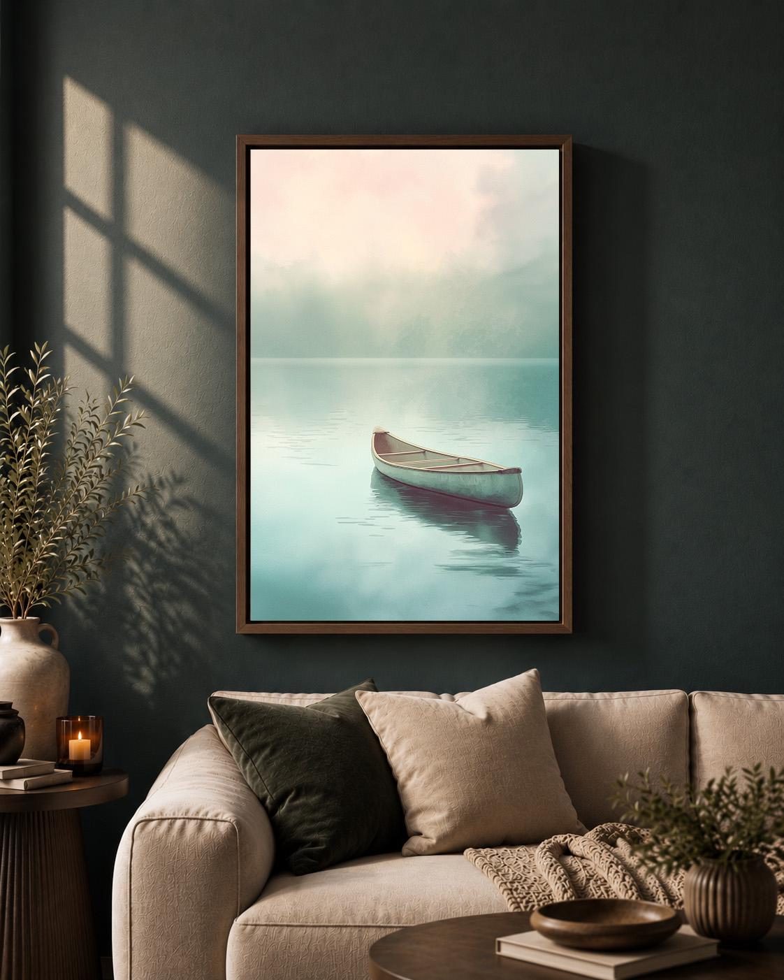 Minimalist Canoe Framed Canvas Art, Misty Lake Landscape, Neutral Coastal Decor by The Wall Art Studio - physical