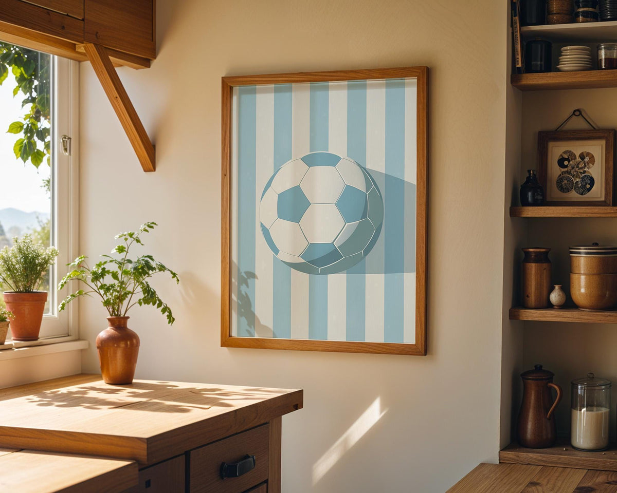 Minimalist Football Print, Soccer Sports Room Decor, Modern Blue Stripe Ball Art (Framed Option) by The Wall Art Studio -...