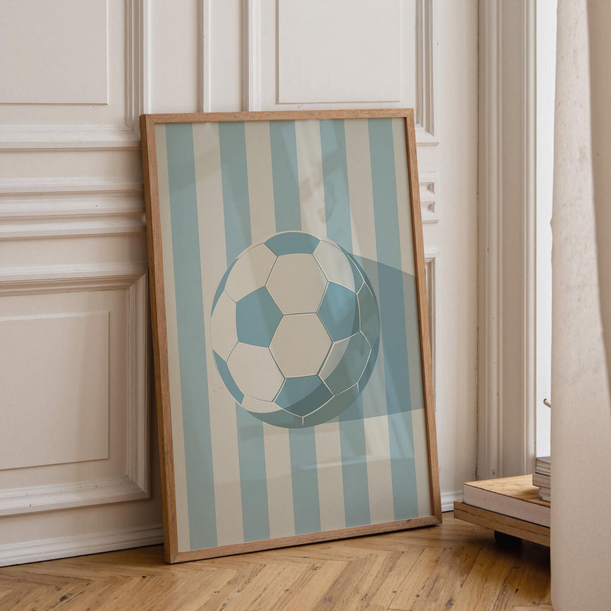 Minimalist Football Print, Soccer Sports Room Decor, Modern Blue Stripe Ball Art (Framed Option) by The Wall Art Studio -...