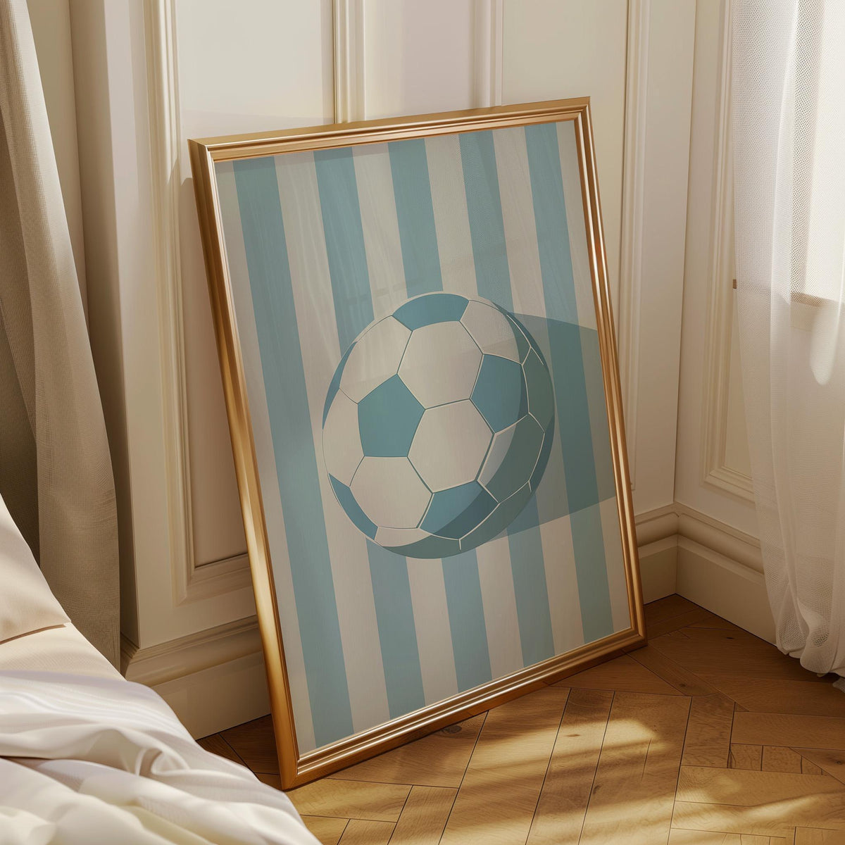 Minimalist Football Print, Soccer Sports Room Decor, Modern Blue Stripe Ball Art (Framed Option) by The Wall Art Studio -...
