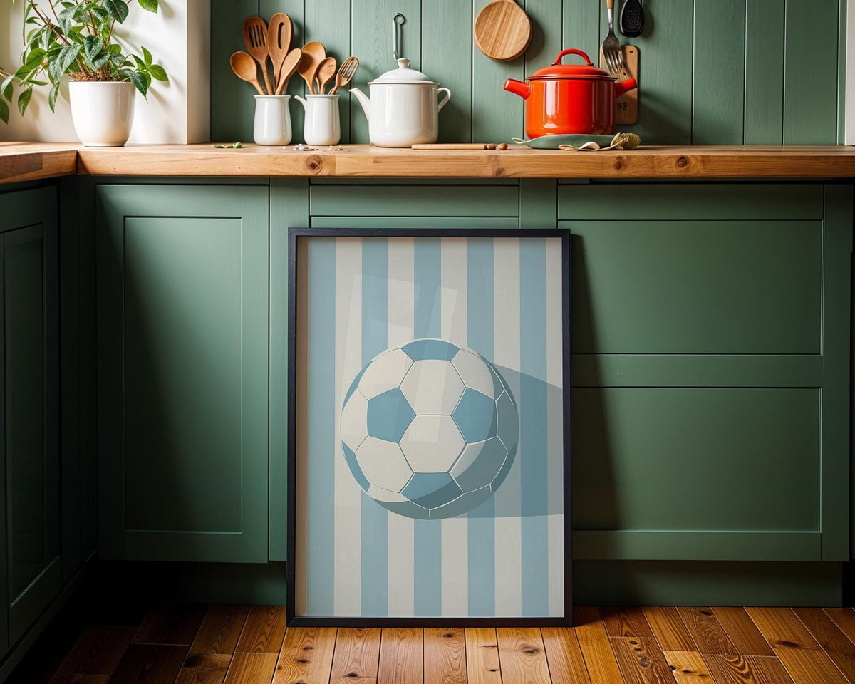Minimalist Football Print, Soccer Sports Room Decor, Modern Blue Stripe Ball Art (Framed Option) by The Wall Art Studio -...