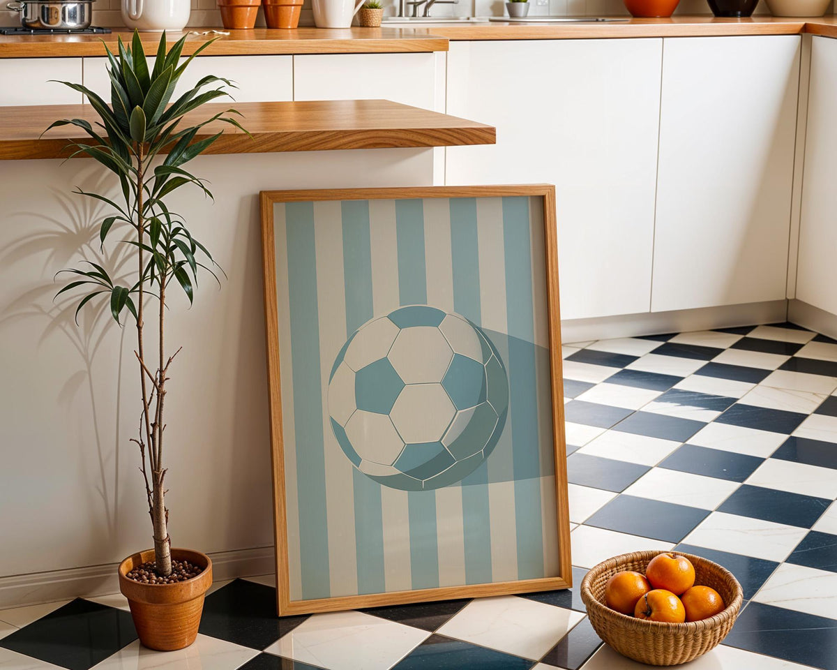 Minimalist Football Print, Soccer Sports Room Decor, Modern Blue Stripe Ball Art (Framed Option) by The Wall Art Studio -...
