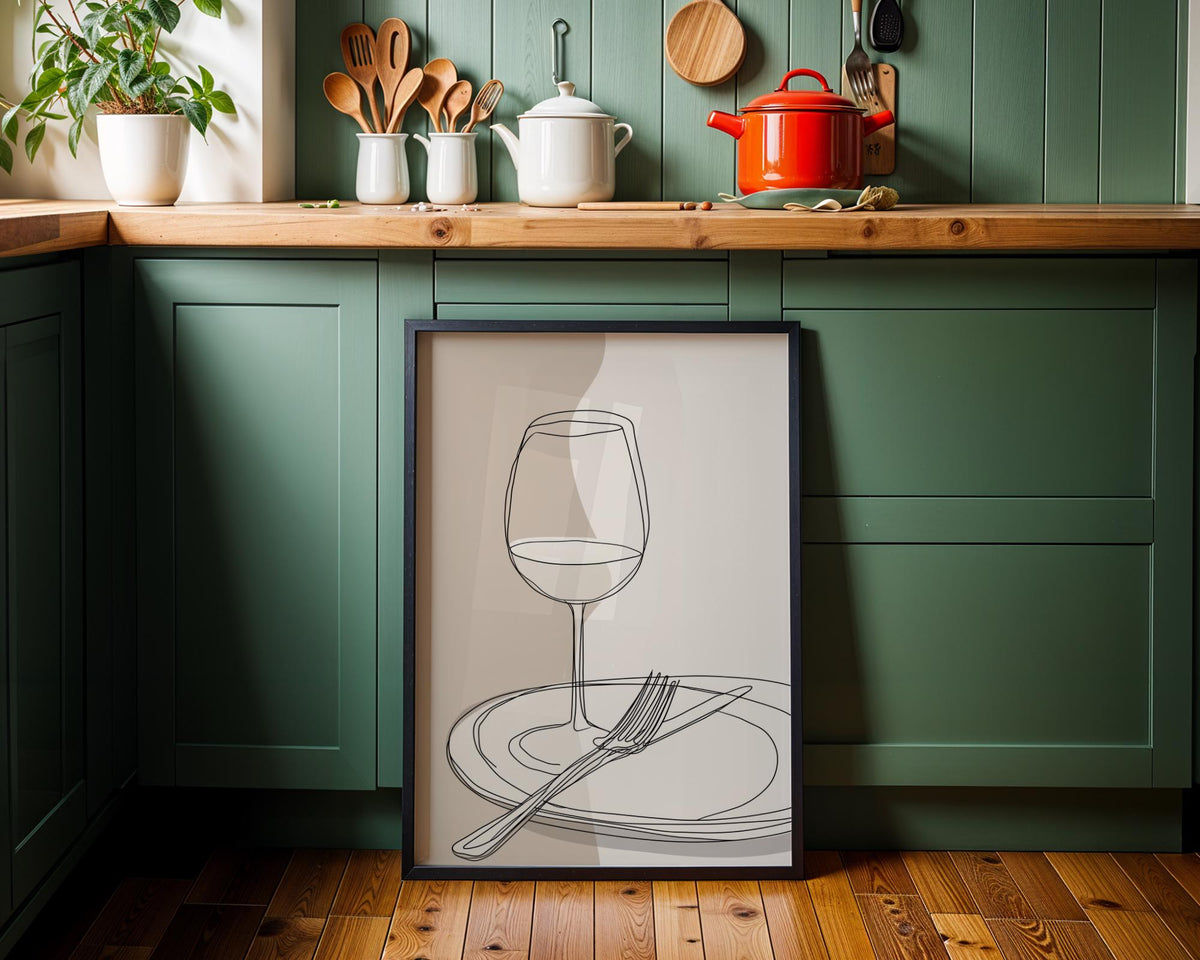 Minimalist Line Art Dining Print | Wine Glass & Plate Wall Art | Modern Kitchen Décor | Neutral Scandinavian Poster | Eleg...