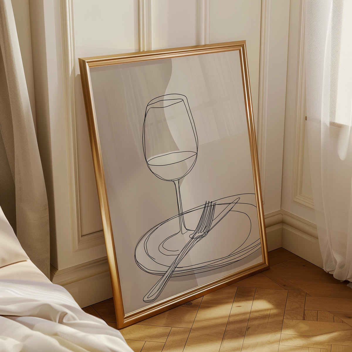 Minimalist Line Art Dining Print | Wine Glass & Plate Wall Art | Modern Kitchen Décor | Neutral Scandinavian Poster | Eleg...