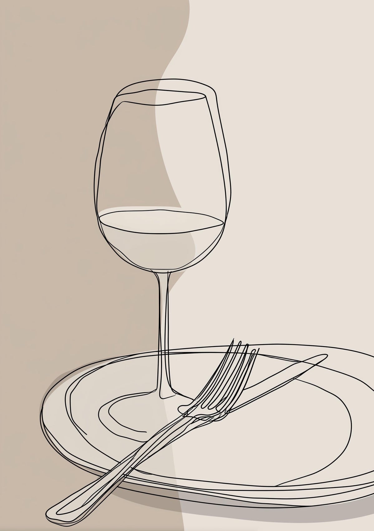 Minimalist Line Art Dining Print | Wine Glass & Plate Wall Art | Modern Kitchen Décor | Neutral Scandinavian Poster | Eleg...