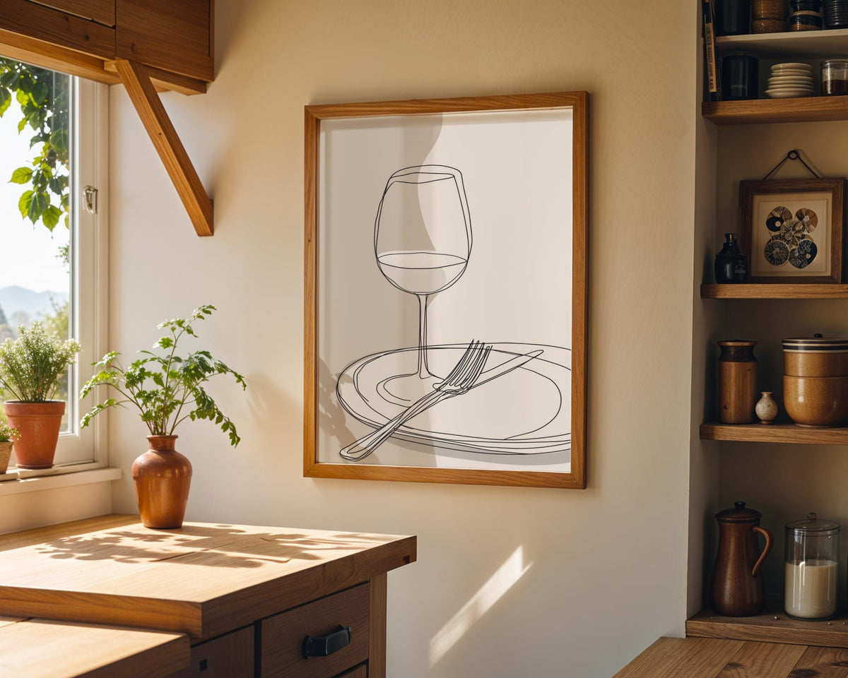 Minimalist Line Art Dining Print | Wine Glass & Plate Wall Art | Modern Kitchen Décor | Neutral Scandinavian Poster | Eleg...