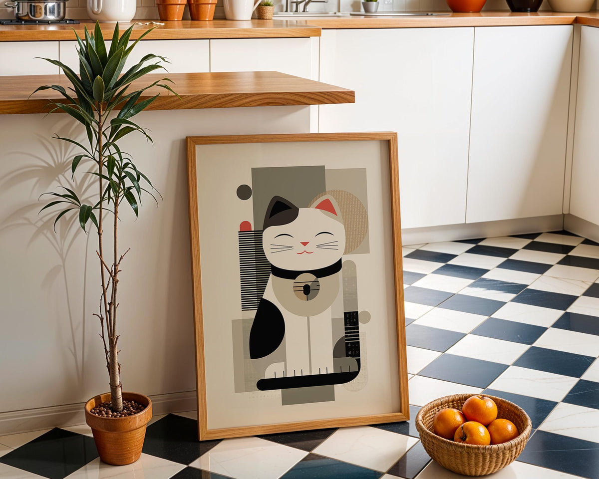 Minimalist Maneki Neko Print, Abstract Japandi Cat Artwork, Neutral Japanese Poster by The Wall Art Studio - physical