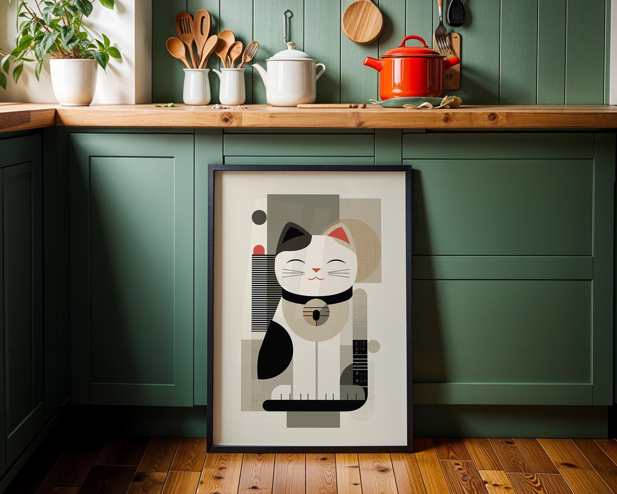 Minimalist Maneki Neko Print, Abstract Japandi Cat Artwork, Neutral Japanese Poster by The Wall Art Studio - physical