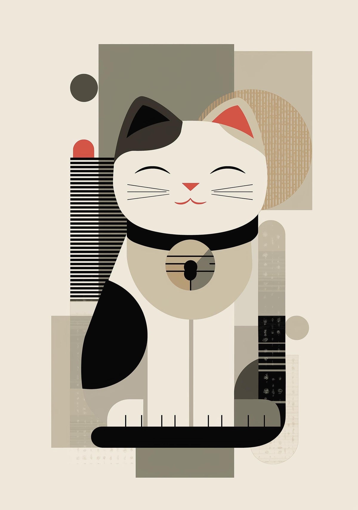 Minimalist Maneki Neko Print, Abstract Japandi Cat Artwork, Neutral Japanese Poster by The Wall Art Studio - physical
