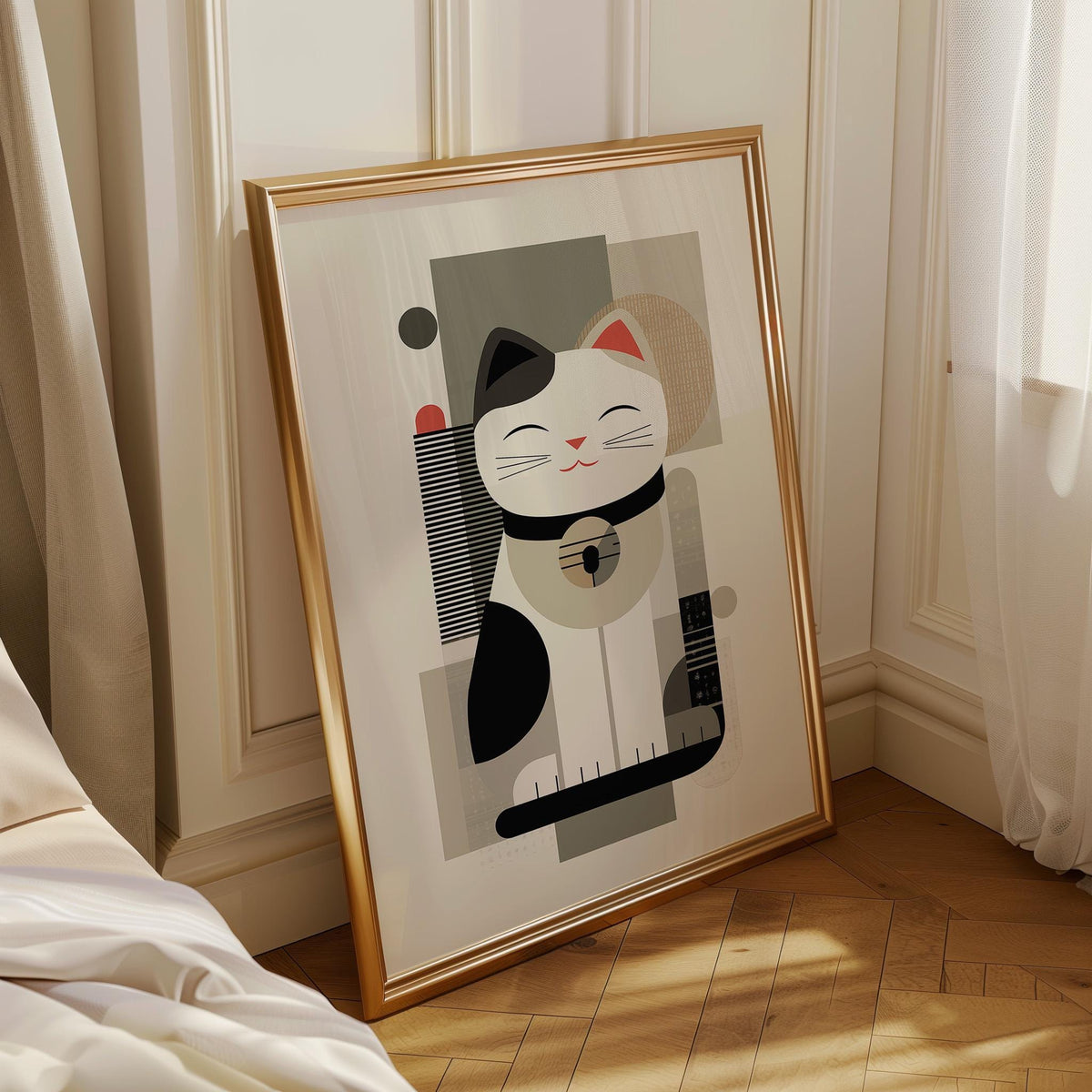 Minimalist Maneki Neko Print, Abstract Japandi Cat Artwork, Neutral Japanese Poster by The Wall Art Studio - physical