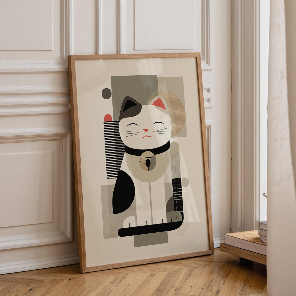 Minimalist Maneki Neko Print, Abstract Japandi Cat Artwork, Neutral Japanese Poster by The Wall Art Studio - physical