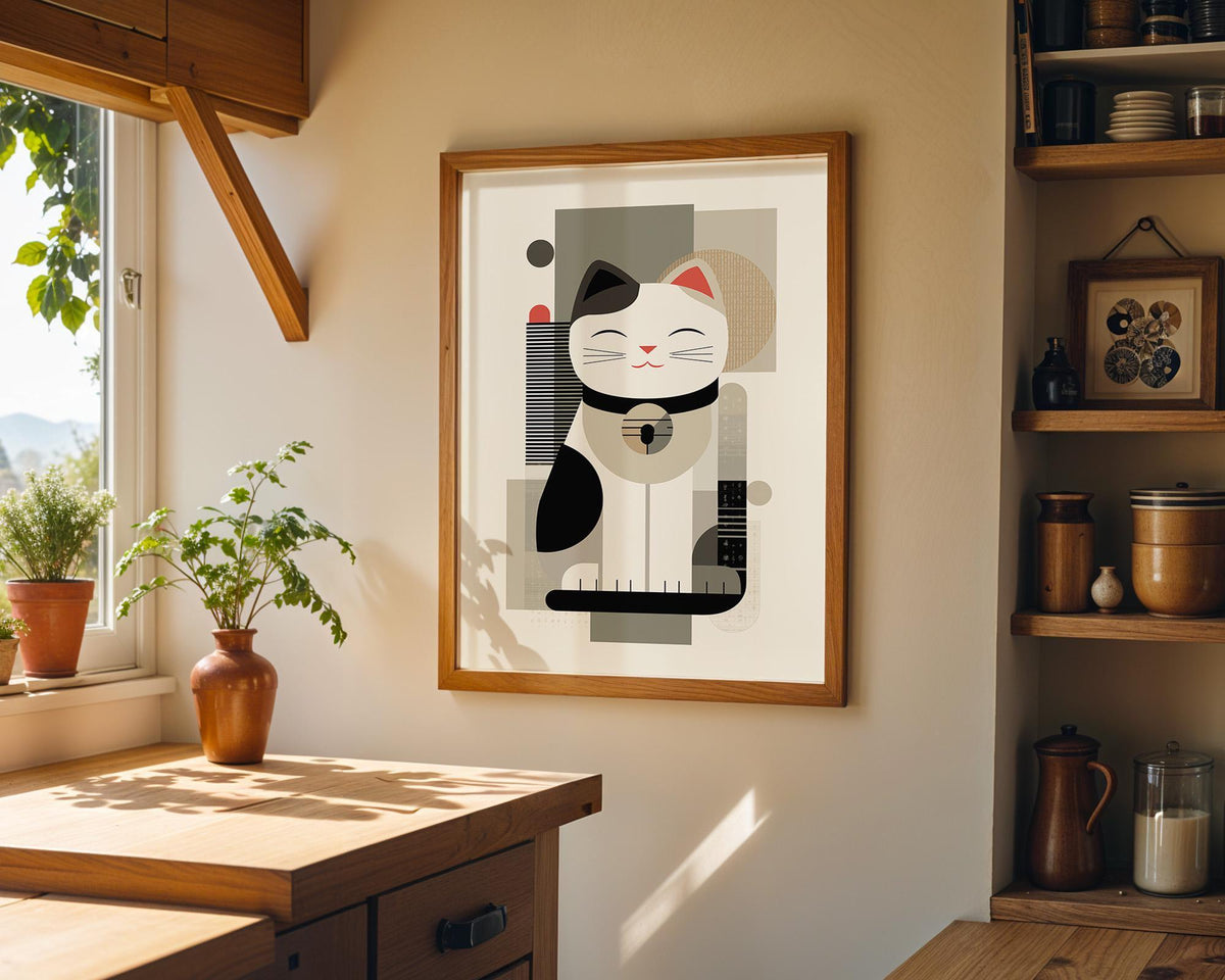 Minimalist Maneki Neko Print, Abstract Japandi Cat Artwork, Neutral Japanese Poster by The Wall Art Studio - physical