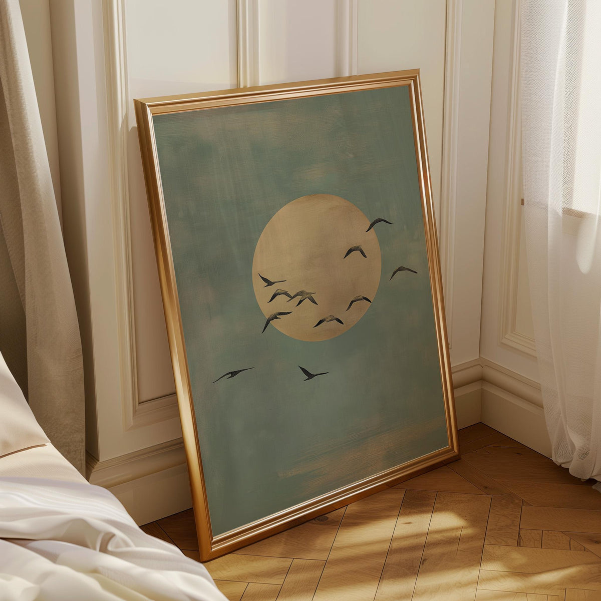 Minimalist Moon and Birds Wall Art, Soft Blue Sky Print, Neutral Japandi Decor, Calm Abstract Nature Poster by The Wall Ar...