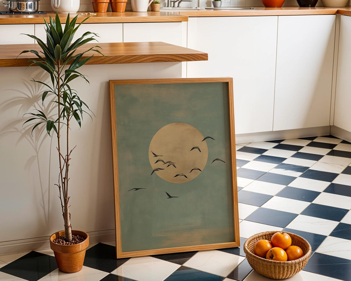Minimalist Moon and Birds Wall Art, Soft Blue Sky Print, Neutral Japandi Decor, Calm Abstract Nature Poster by The Wall Ar...