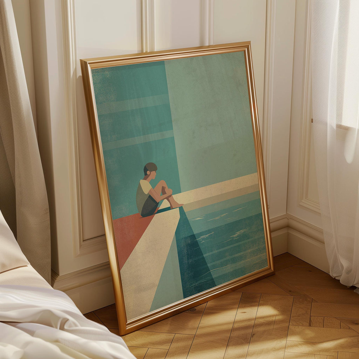 Minimalist Pool Edge Wall Art, Retro Swimmer Print, Mid Century Modern Coastal Poster, Abstract Geometric Landscape, Calm...