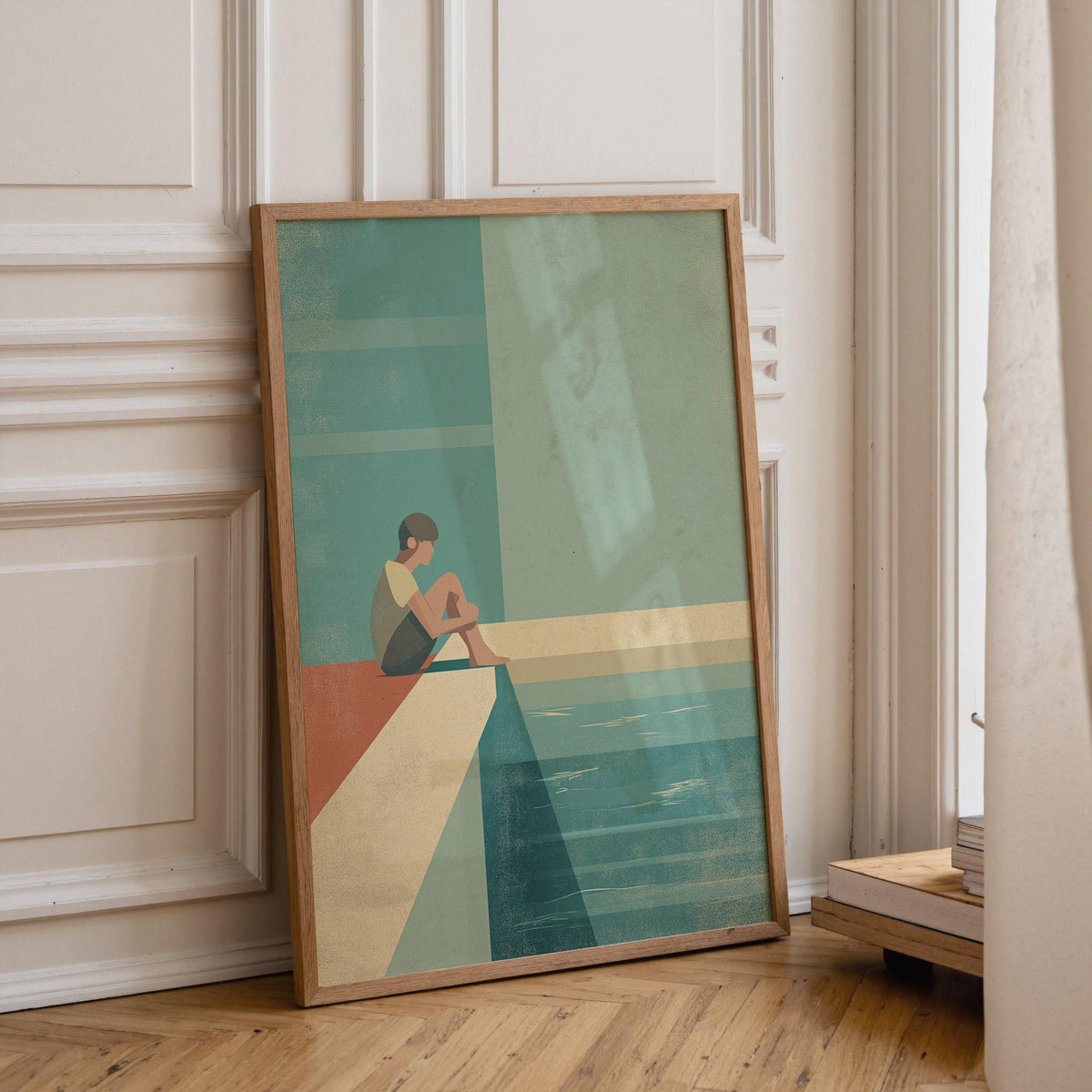 Minimalist Pool Edge Wall Art, Retro Swimmer Print, Mid Century Modern Coastal Poster, Abstract Geometric Landscape, Calm...