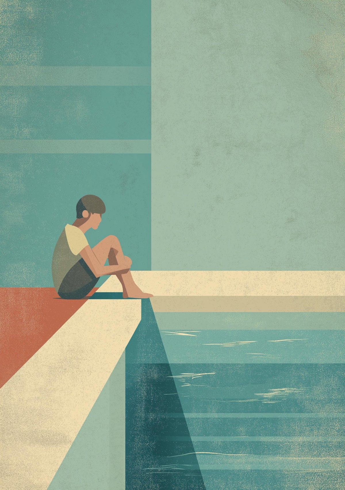 Minimalist Pool Edge Wall Art, Retro Swimmer Print, Mid Century Modern Coastal Poster, Abstract Geometric Landscape, Calm...