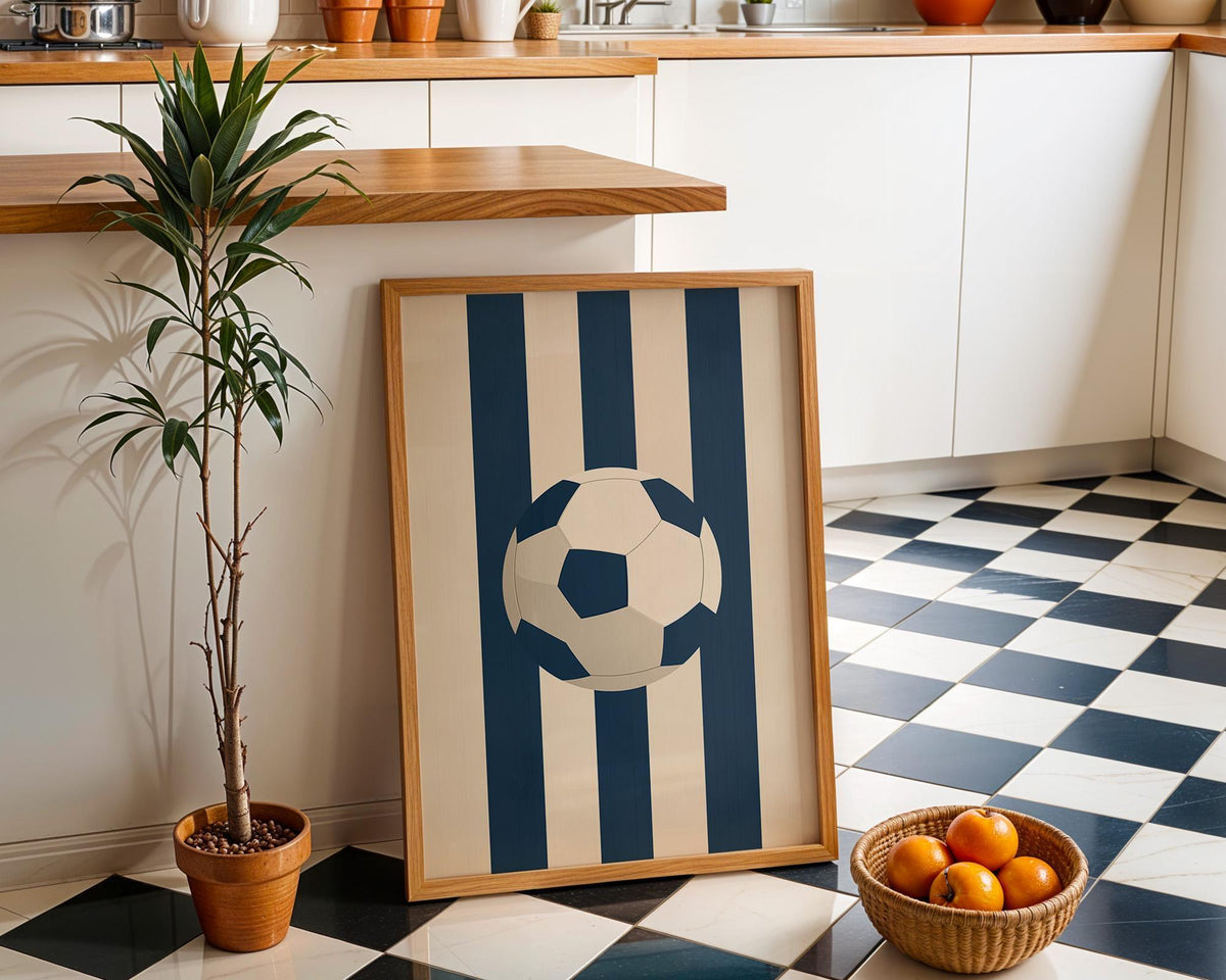 Minimalist Soccer Ball Print, Blue Stripe Sports Wall Art (Framed Option) by The Wall Art Studio - physical