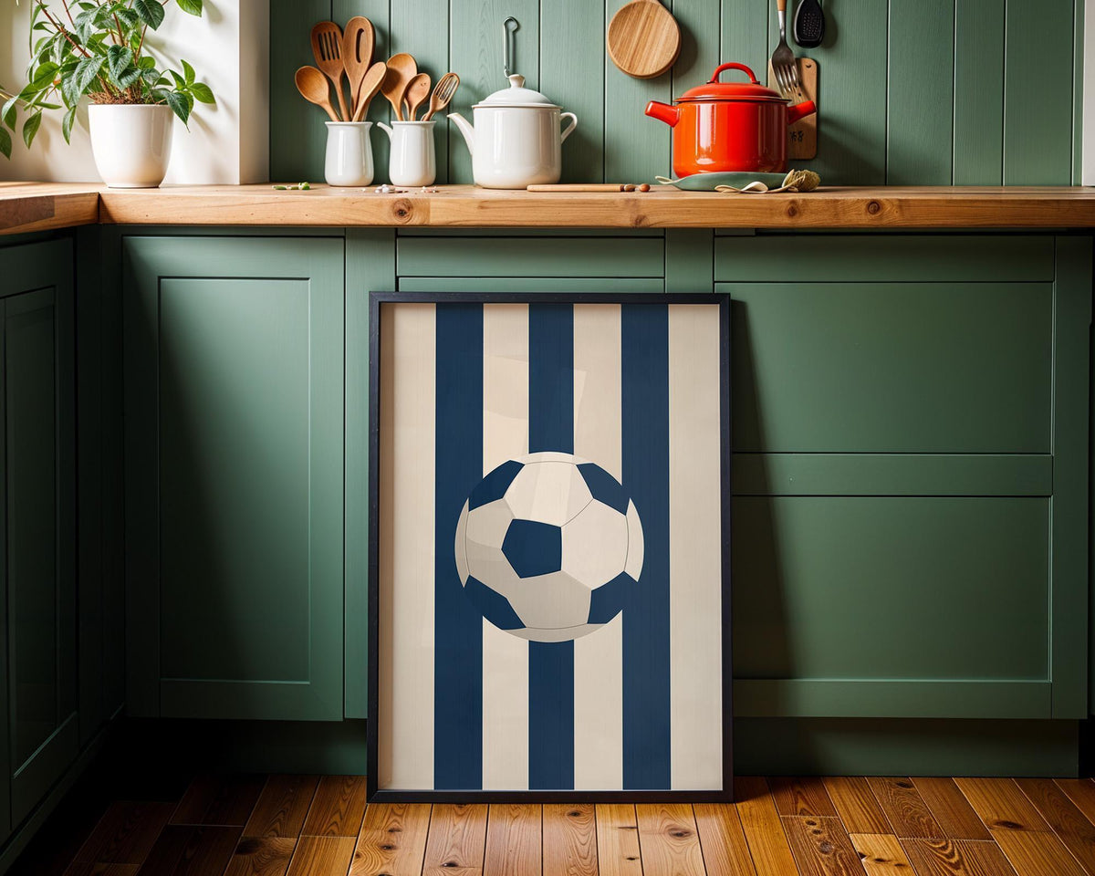 Minimalist Soccer Ball Print, Blue Stripe Sports Wall Art (Framed Option) by The Wall Art Studio - physical